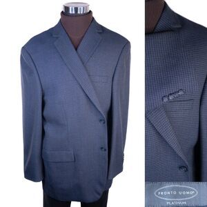 Pronto Uomo Platinum Mens Sport Coat 50L Houndstooth Blue Wool Blazer EUC